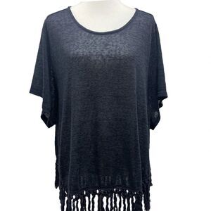 Umgee fringe poncho, top Women’s large. navy blue knit short-sleeves w/ tassels